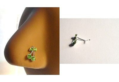 Green Cherry Crystal Nose Ring Stud Pin L Shape Sterling Silver 20 gauge 20g - I Love My Piercings!