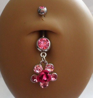Surgical Steel Belly Ring Barbell Pink Lovers Rose Crystal Dangle 14 gauge 14g - I Love My Piercings!