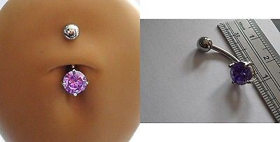 Surgical Steel Belly Ring Round Purple Crystal Solitaire Claw Set 14 gauge 14g - I Love My Piercings!