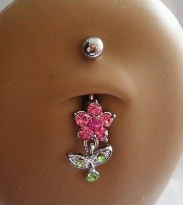 Surgical Steel Curved Barbell Belly Ring Flower Pink Dangle 14 gauge 14g - I Love My Piercings!