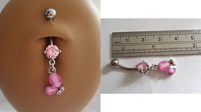 Surgical Steel Belly Fancy Dangle Pink Crystal Baby Butterfly Ring 14 gauge 14g - I Love My Piercings!