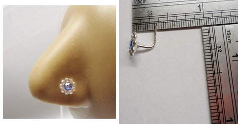 Sterling Silver L Shape Post Pin Nose Ring Clear Blue Flower CZ Crystal 20g - I Love My Piercings!