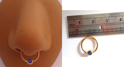 Gold Titanium Captive Blue Crystal Bead Hoop Nose Septum Ring 16 gauge 16g - I Love My Piercings!