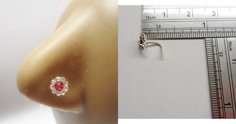 Sterling Silver L Shape Post Pin Nose Ring Pink Clear Flower CZ Crystal 20g - I Love My Piercings!