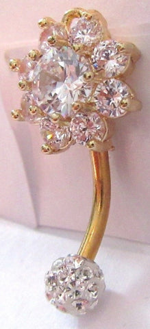 14k Gold Plated Barbell Loaded Crystal Flower VCH Clitoral Clit Hood 14 gauge