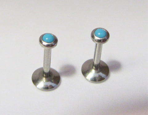 Pair Turquoise Stone Surgical Steel Studs Posts Bars 16 gauge 16g 8 mm Long