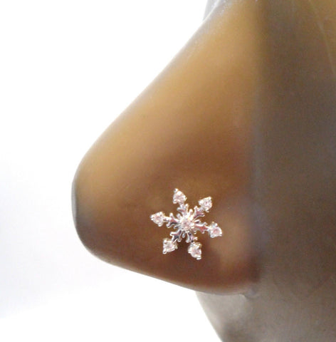 Sterling Silver Clear CZ Snowflake L Shape Post Pin Stud Nose Ring 20 gauge 20g - I Love My Piercings!