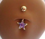 Gold Titanium Solitaire Purple Star Crystal Belly Curved  Ring 14 gauge 14g - I Love My Piercings!