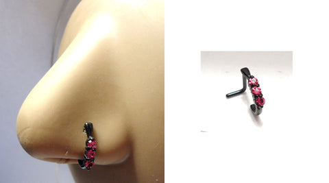 Black Titanium L Shape Nose Ring Stud Hoop Triple Pink Crystal 18 gauge 18g - I Love My Piercings!