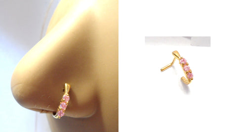 18K Gold Plated L Shape Nose Ring Stud Hoop Triple Pink CZ Crystals 18 gauge 18g - I Love My Piercings!