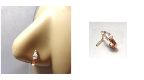 18K Rose Gold Plated L Shape Nose Ring Hoop Clear Crystal Teardrop 18 gauge 18g - I Love My Piercings!