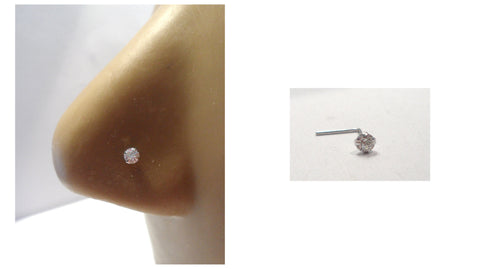 10K White Gold 2.5 mm Claw Set Round Cut Clear CZ Nose L Shape Stud Pin 22 gauge - I Love My Piercings!